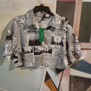 Shein Newspaper Blouse NWT Crop Button Top Women's Medium